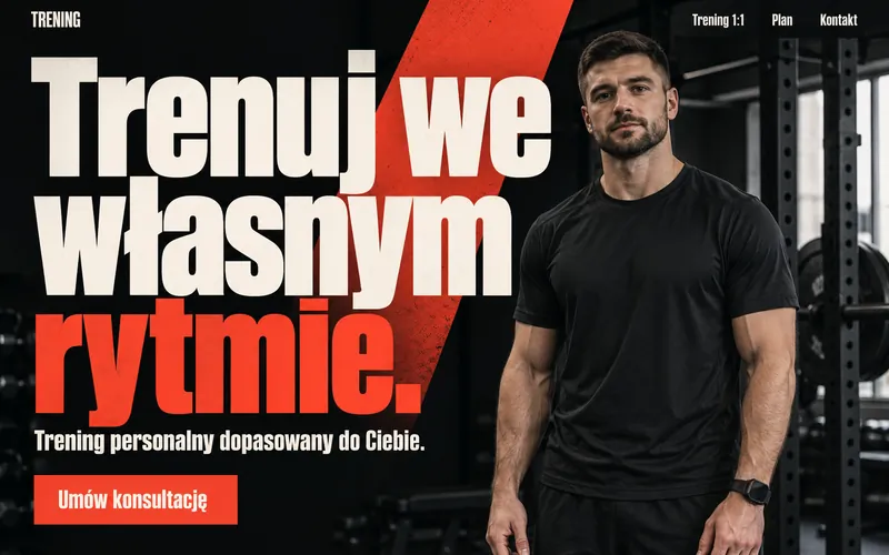 Koncepcja strony trenera personalnego — energetyczny z mocną typografią