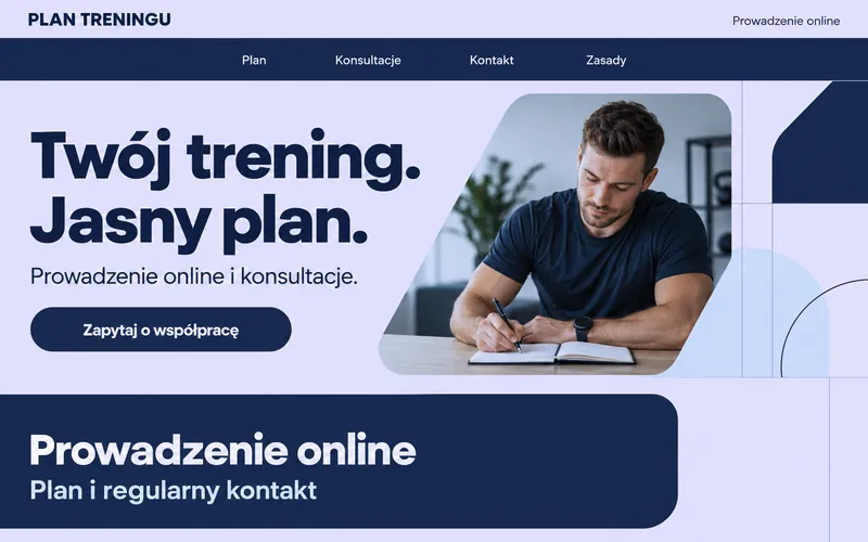 Koncepcja strony trenera personalnego — prowadzenie online z dwupoziomowym menu