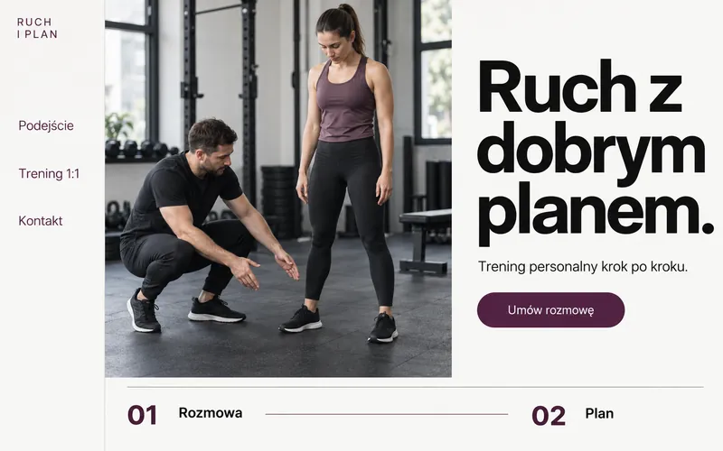 Koncepcja strony trenera personalnego — proces treningowy z bocznym menu