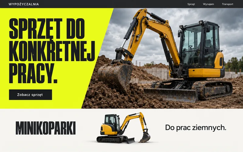 Koncepcja industrialnej strony wypożyczalni sprzętu z minikoparką