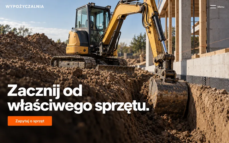 Koncepcja strony wypożyczalni ze zdjęciem budowy na cały ekran