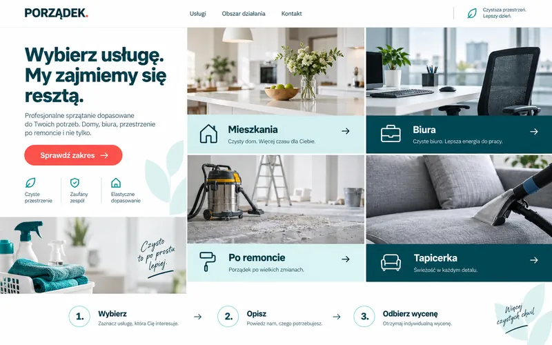 Koncepcja strony firmy sprzątającej z modularnym katalogiem usług
