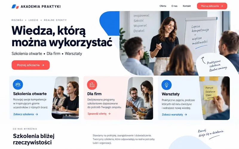 Koncepcja strony firmy szkoleniowej — dokumentalny styl procesu i pracy