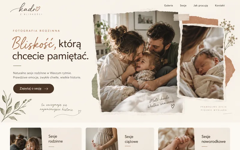 Przykładowy projekt strony fotografii rodzinnej w ciepłym stylu dokumentalnym