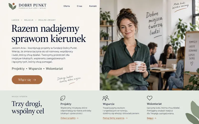 Koncepcja strony fundacji — spokojny styl osobistego eksperta