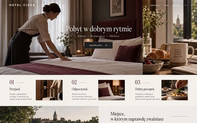 Koncepcja strony hotelu — dokumentalny styl procesu i pracy