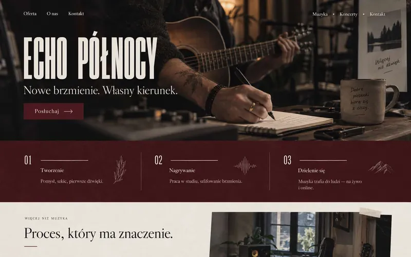 Koncepcja strony muzyka — dokumentalny styl procesu i pracy