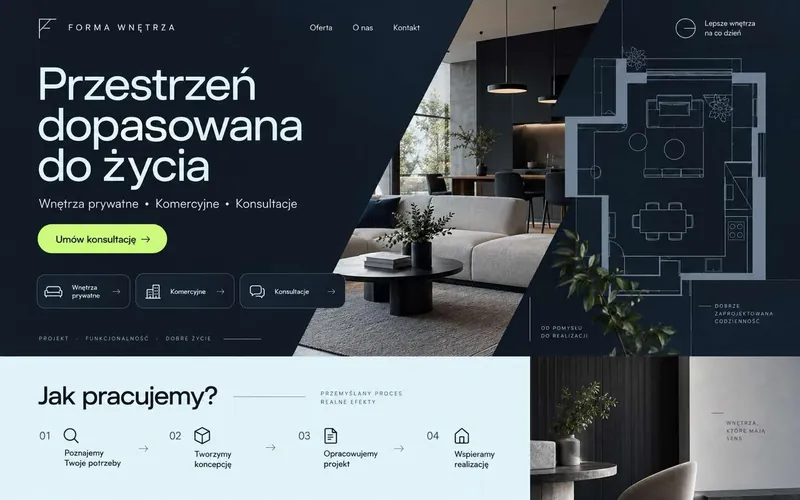 Koncepcja strony projektanta wnętrz — nowoczesny kierunek cyfrowy