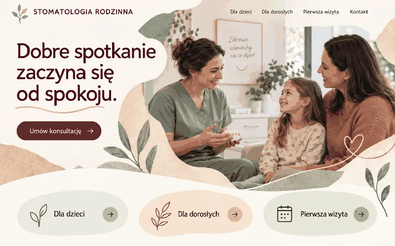 Przykładowy projekt strony rodzinnego gabinetu stomatologicznego w ciepłym stylu