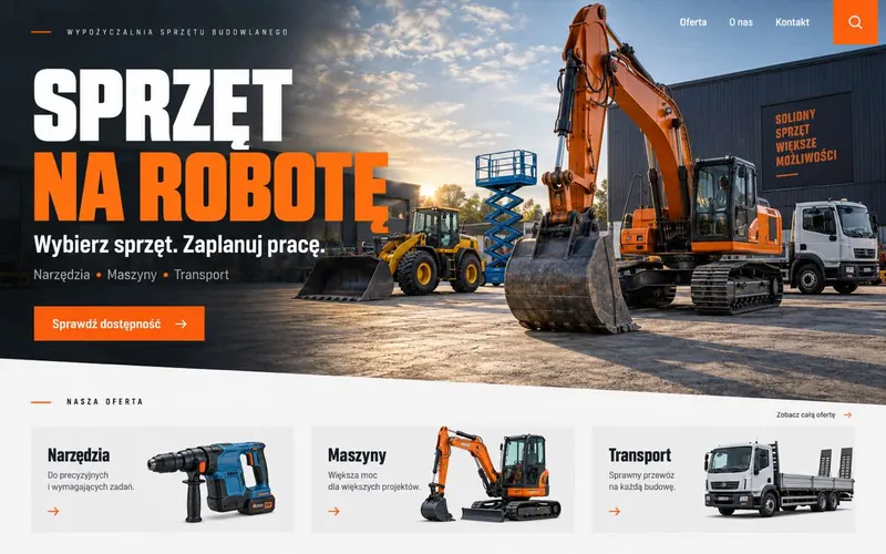 Przykładowy projekt strony wypożyczalni budowlanej — wyrazisty kierunek lidera kategorii